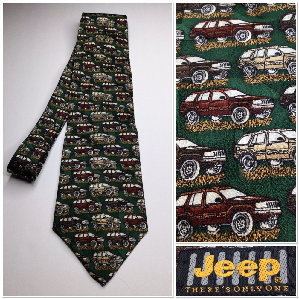 Jeep Mens Silk Tie Green SUV Print Made In USA Dad Novelty Necktie